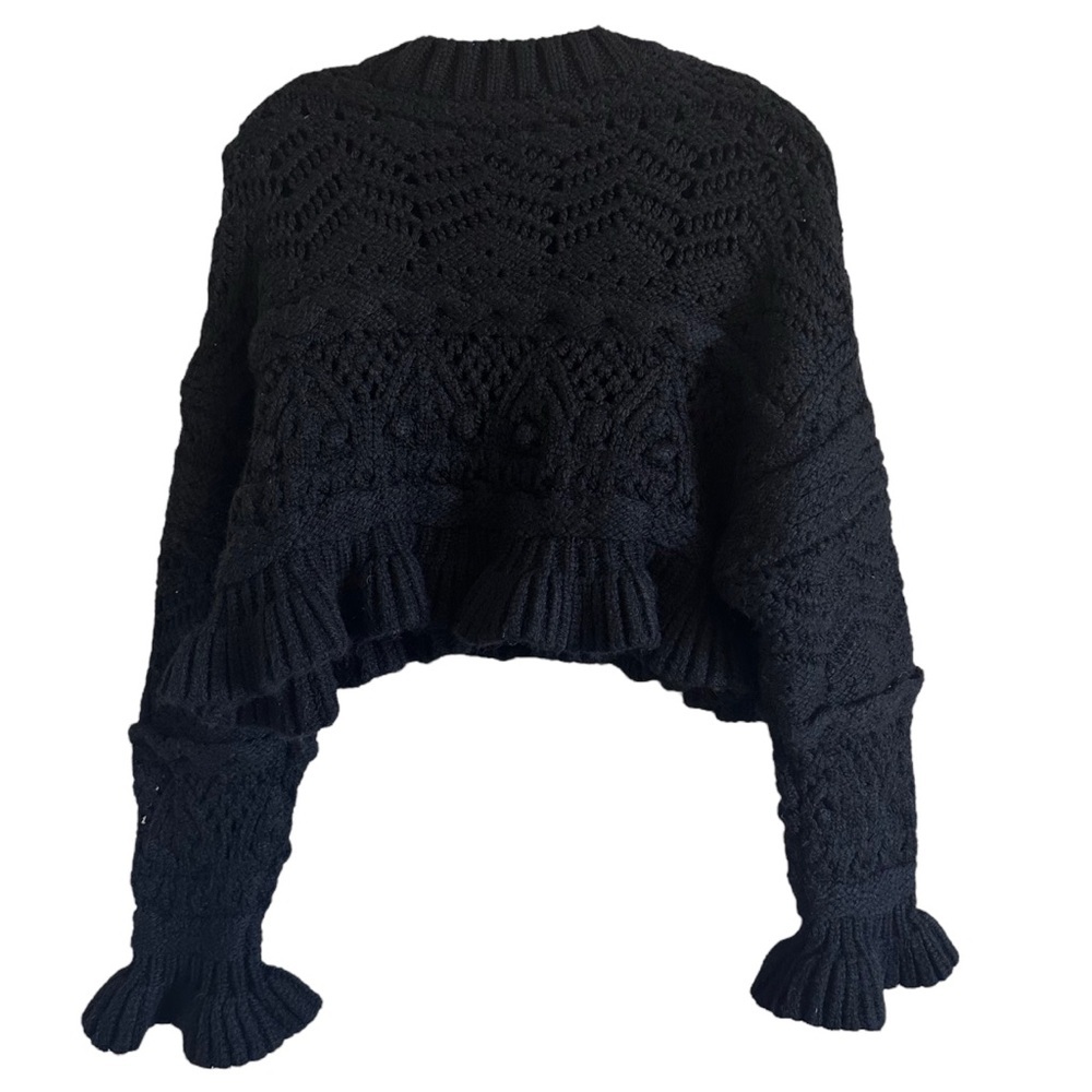 ZARA Cropped Sweater Black Knit Chunky Ruffle Long Sleeve size Small EUC - Picture 9 of 11